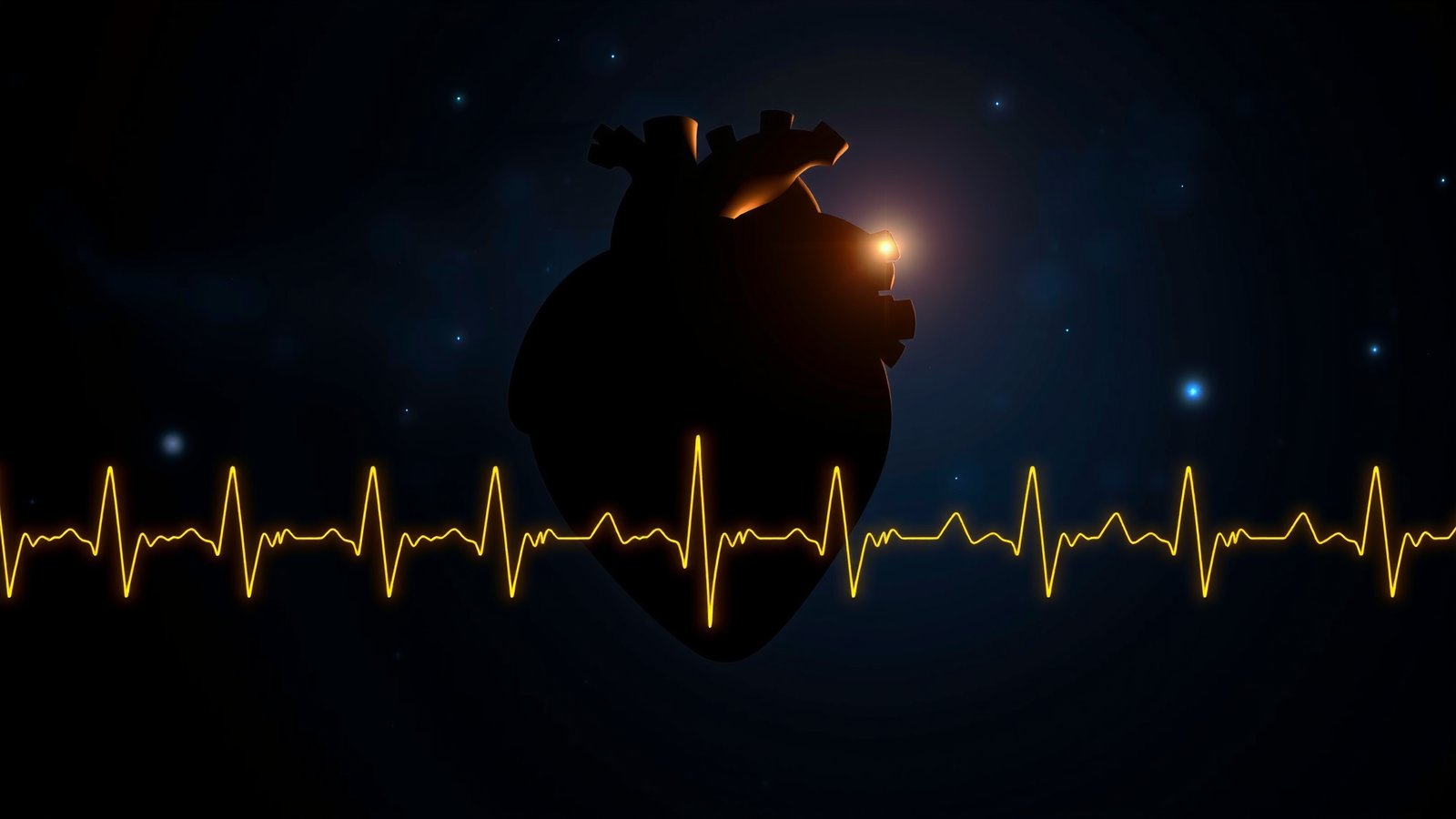 HRV(心拍変動)を象徴する心臓とゴールドの心電図波形 / Heart silhouette with golden ECG waveform representing HRV